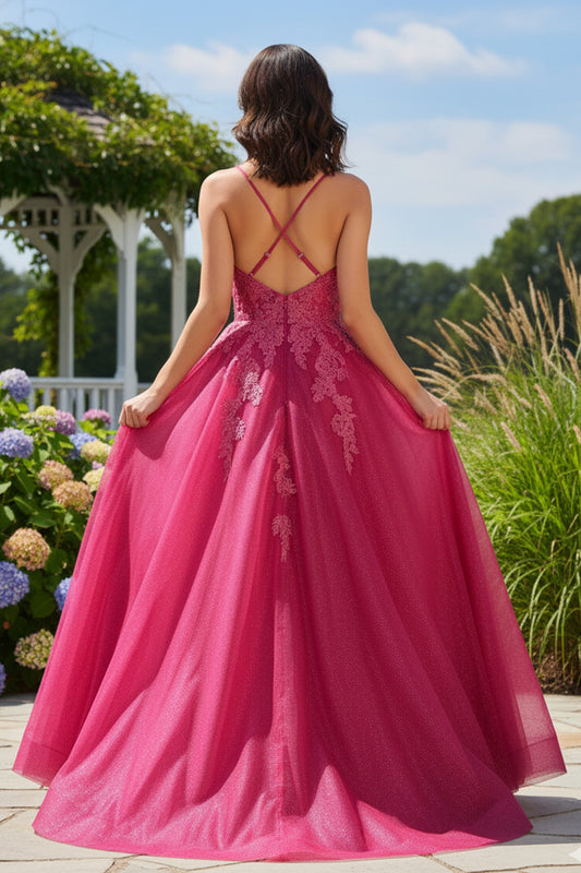 A Line Glitter Tulle V Neck Lace Long Prom Dress with Pockets | Sevoba