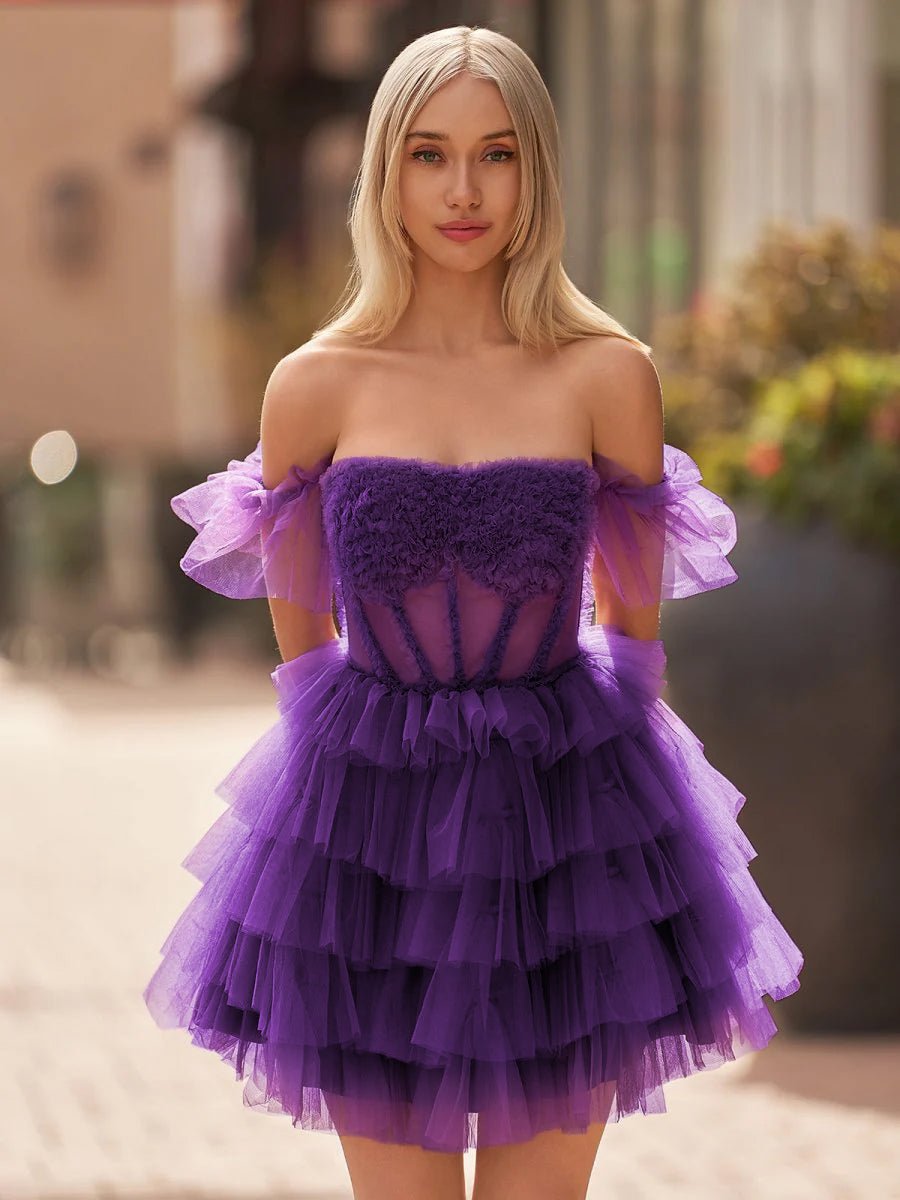 Sevoba|A Line Purple Off-the-Shoulder Lace-Up Ruffle Tiered Homecoming Dress