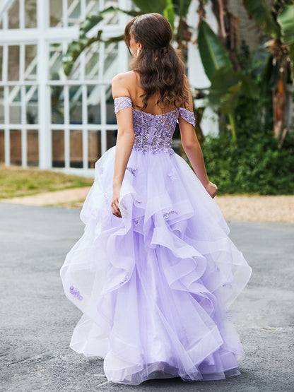 Sevoba | Off-the-shoulder Tulle Prom Dress with Floral Appliqued Lace Lilac