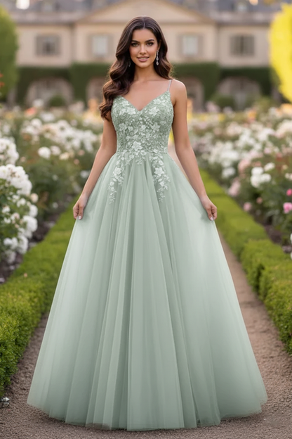 Beaded Lace Tulle Spaghetti Strap  A-Line Prom Dress | Sevoba