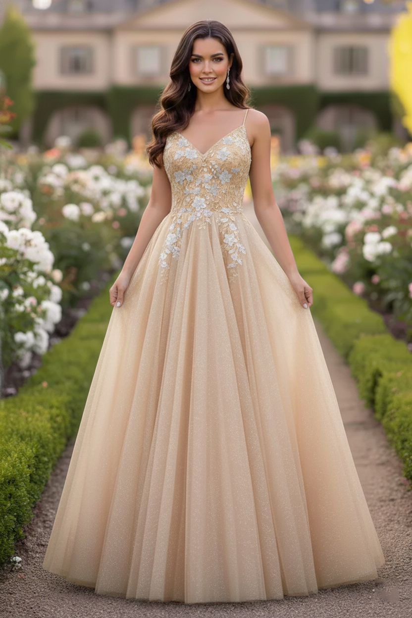 Beaded Lace Tulle Spaghetti Strap  A-Line Prom Dress | Sevoba