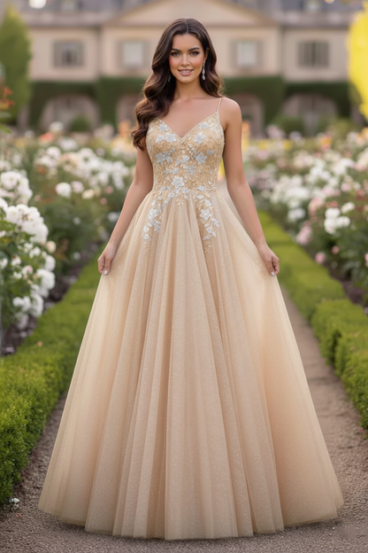 Beaded Lace Tulle Spaghetti Strap  A-Line Prom Dress | Sevoba