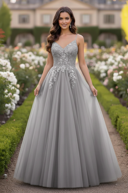 Beaded Lace Tulle Spaghetti Strap  A-Line Prom Dress | Sevoba