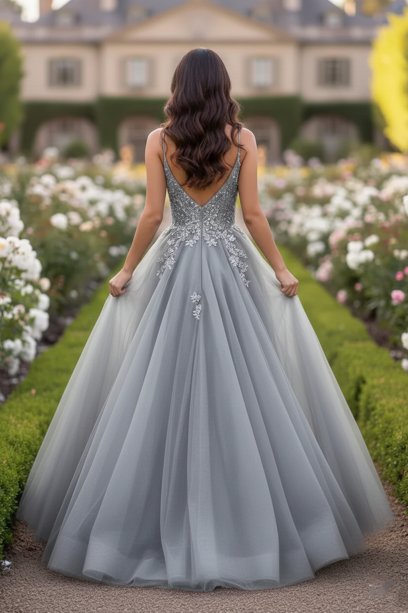 Beaded Lace Tulle Spaghetti Strap  A-Line Prom Dress | Sevoba