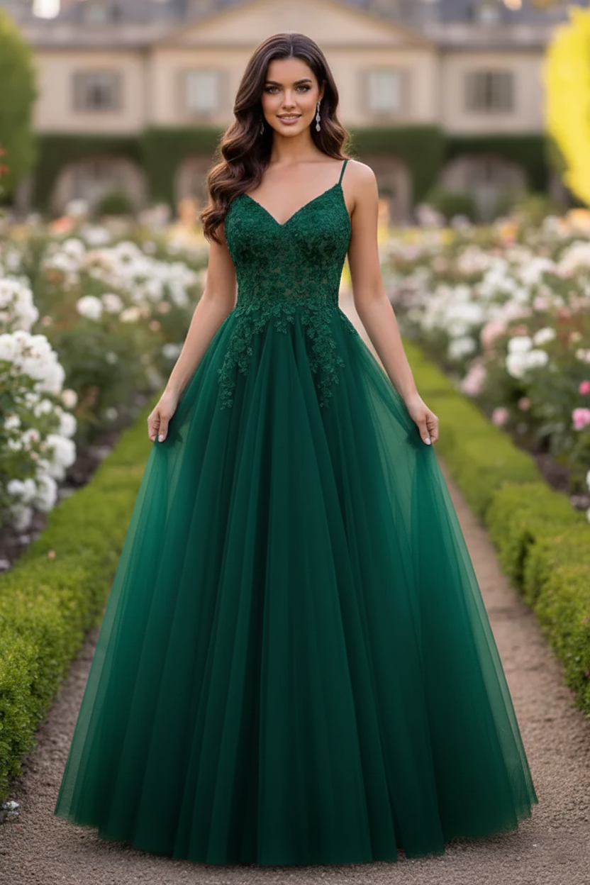 Beaded Lace Tulle Spaghetti Strap  A-Line Prom Dress | Sevoba