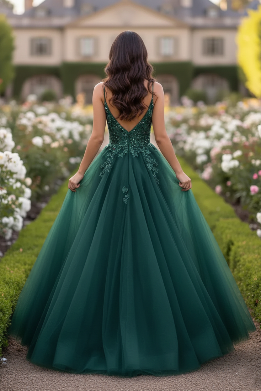 Beaded Lace Tulle Spaghetti Strap  A-Line Prom Dress | Sevoba