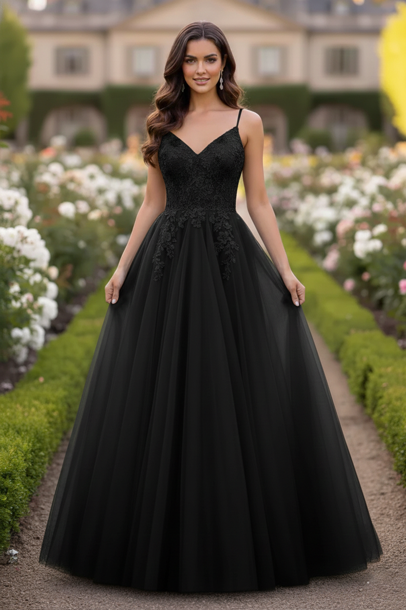 Beaded Lace Tulle Spaghetti Strap  A-Line Prom Dress | Sevoba