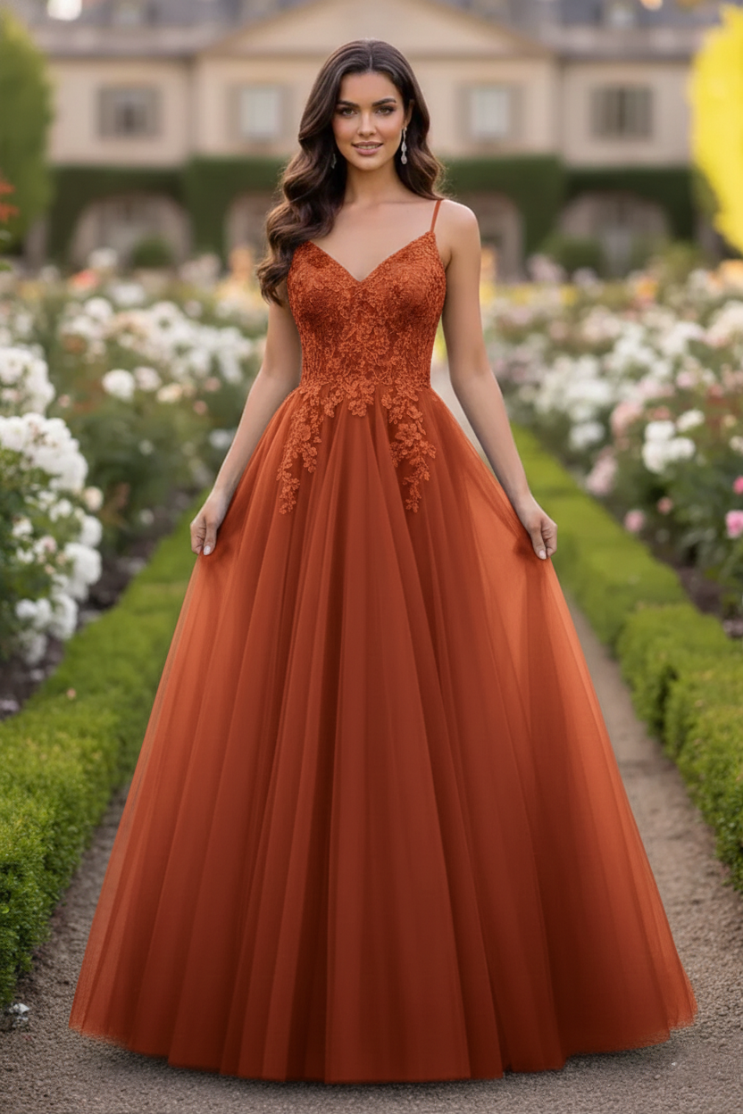 Beaded Lace Tulle Spaghetti Strap  A-Line Prom Dress | Sevoba