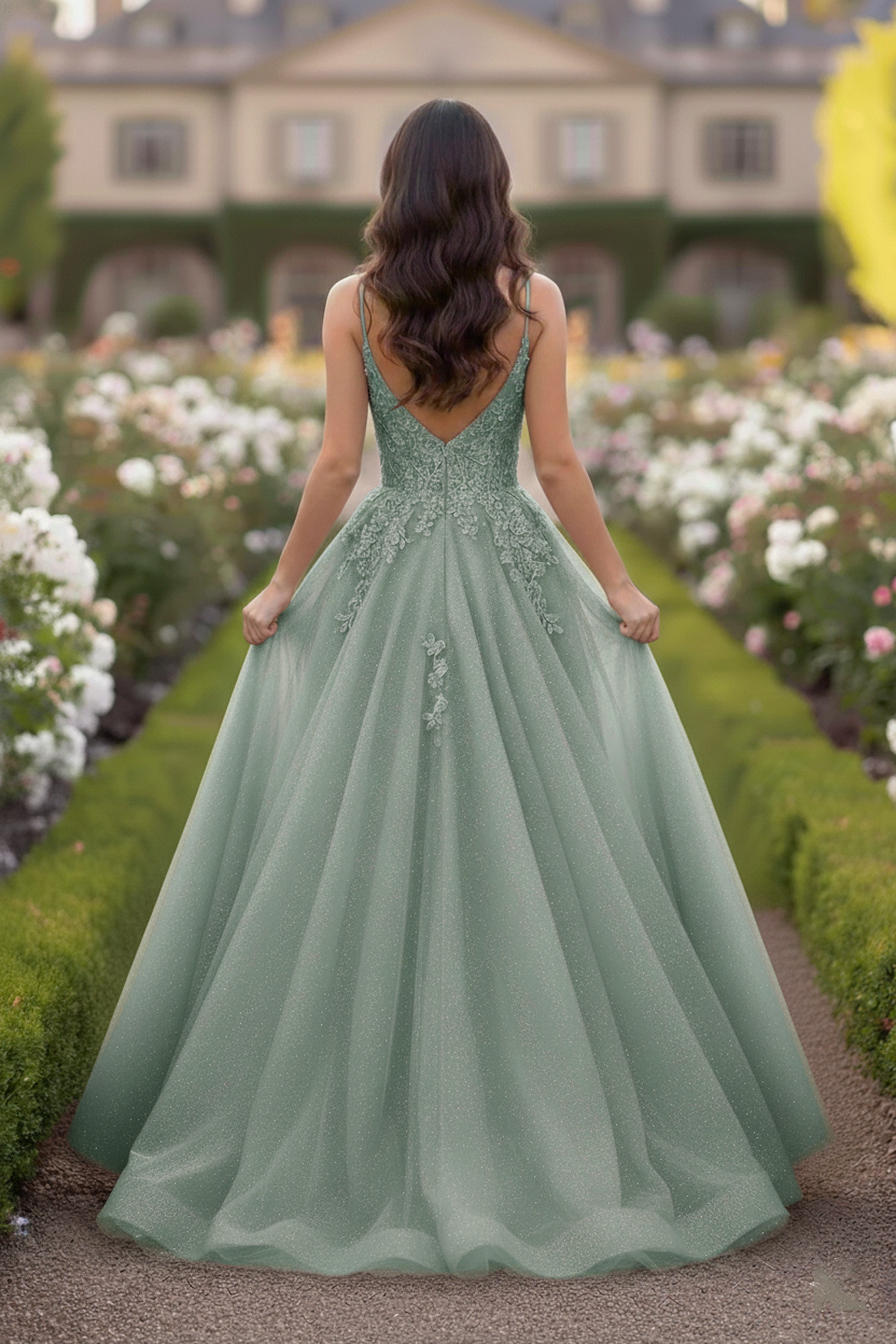 Beaded Lace Tulle Spaghetti Strap  A-Line Prom Dress | Sevoba