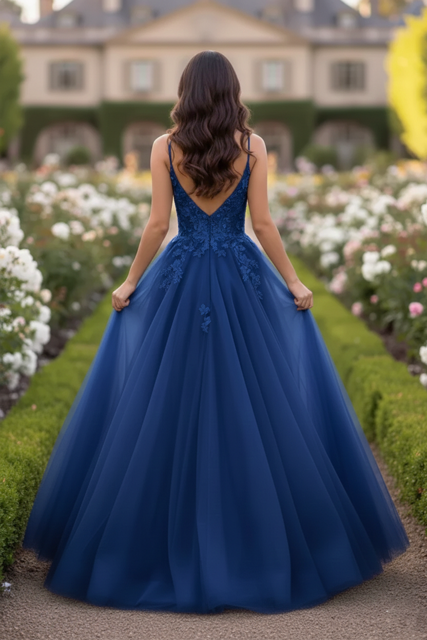 Beaded Lace Tulle Spaghetti Strap  A-Line Prom Dress | Sevoba