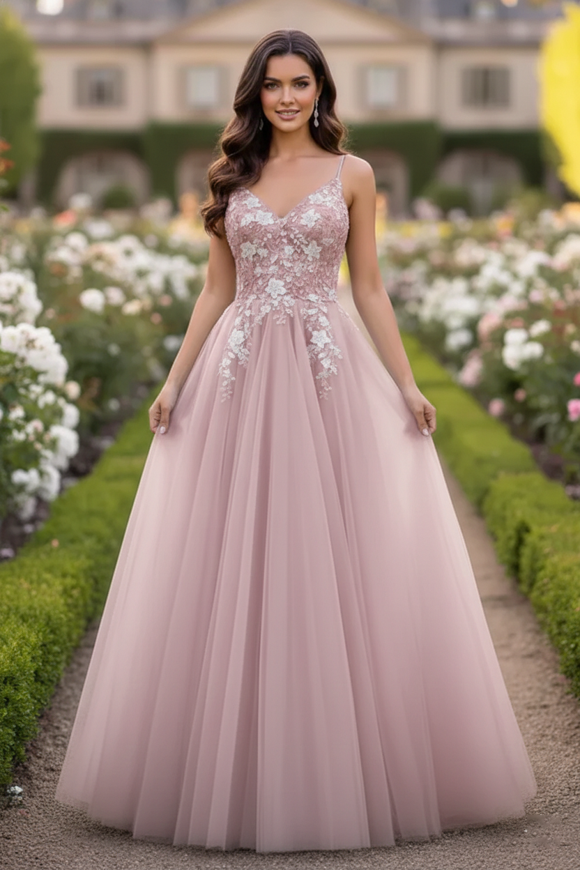 Beaded Lace Tulle Spaghetti Strap  A-Line Prom Dress | Sevoba