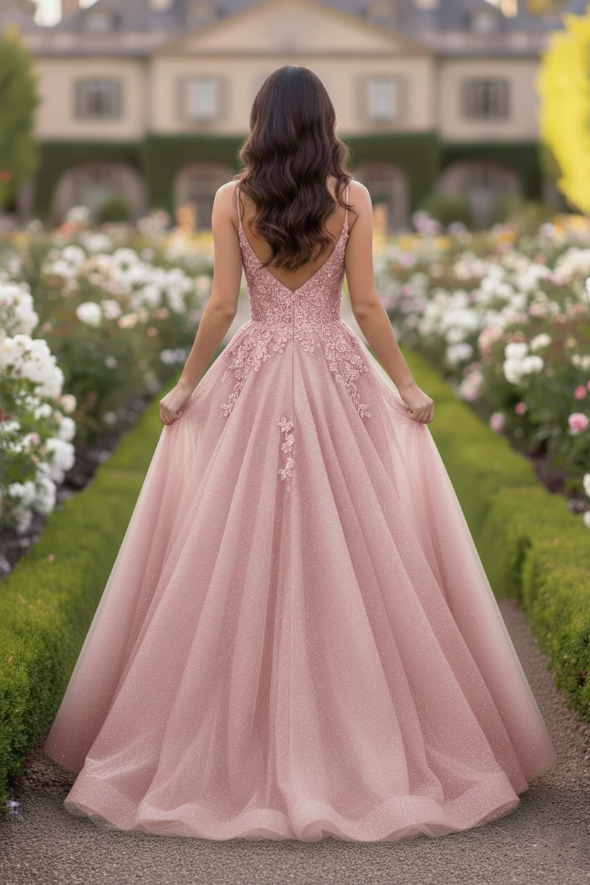 Beaded Lace Tulle Spaghetti Strap  A-Line Prom Dress | Sevoba