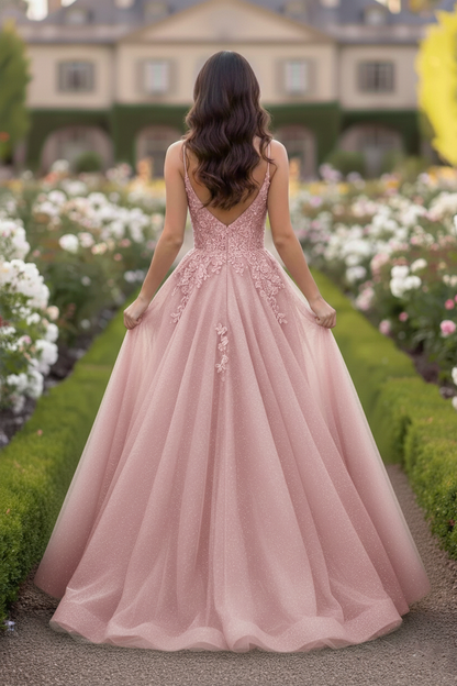 Beaded Lace Tulle Spaghetti Strap  A-Line Prom Dress | Sevoba