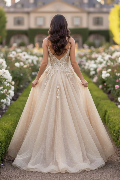 Beaded Lace Tulle Spaghetti Strap  A-Line Prom Dress | Sevoba