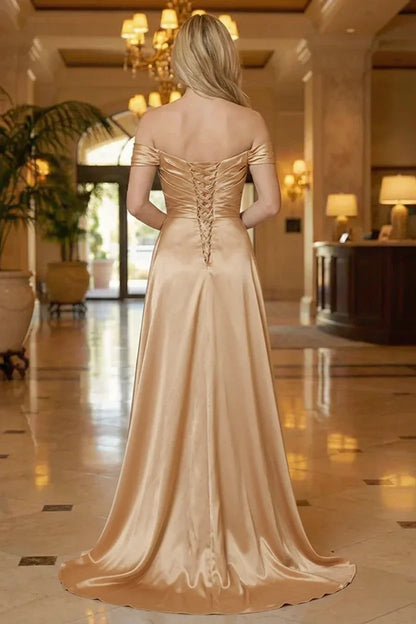 Beaded Neckline Off-the-Shoulder Satin Prom Dress with Slit | Sevoba
