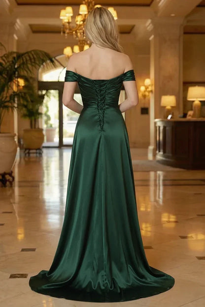 Beaded Neckline Off-the-Shoulder Satin Prom Dress with Slit | Sevoba