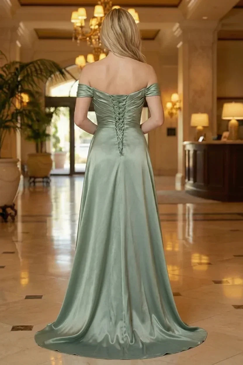 Beaded Neckline Off-the-Shoulder Satin Prom Dress with Slit | Sevoba