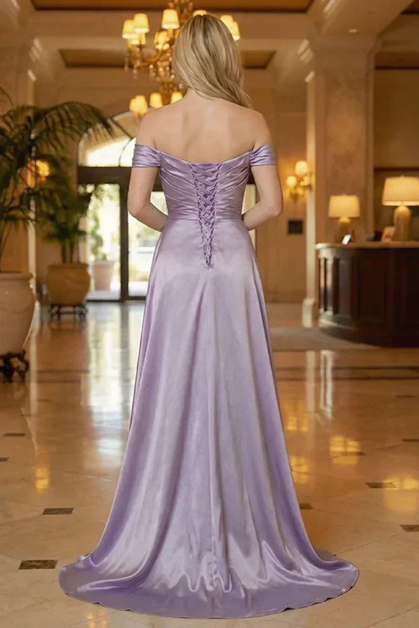 Beaded Neckline Off-the-Shoulder Satin Prom Dress with Slit | Sevoba
