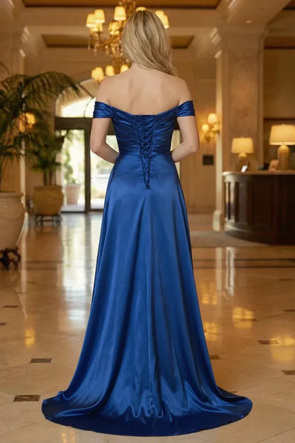 Beaded Neckline Off-the-Shoulder Satin Prom Dress with Slit | Sevoba