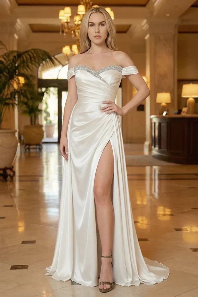 Beaded Neckline Off-the-Shoulder Satin Prom Dress with Slit | Sevoba