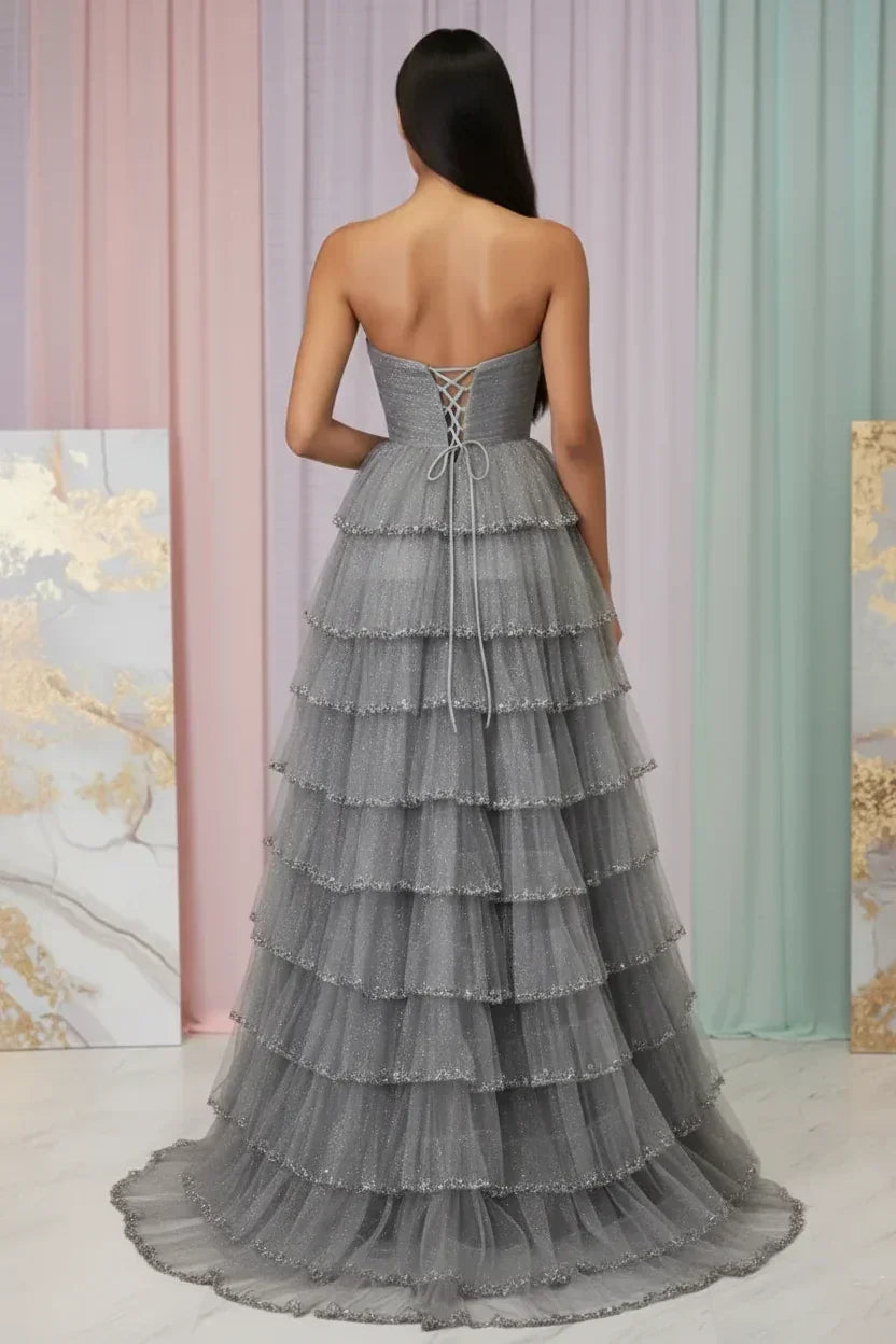 Beaded Trim Straples Tiered Tulle Prom Dress with Slit | Sevoba