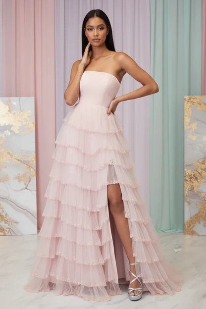 Beaded Trim Straples Tiered Tulle Prom Dress with Slit | Sevoba