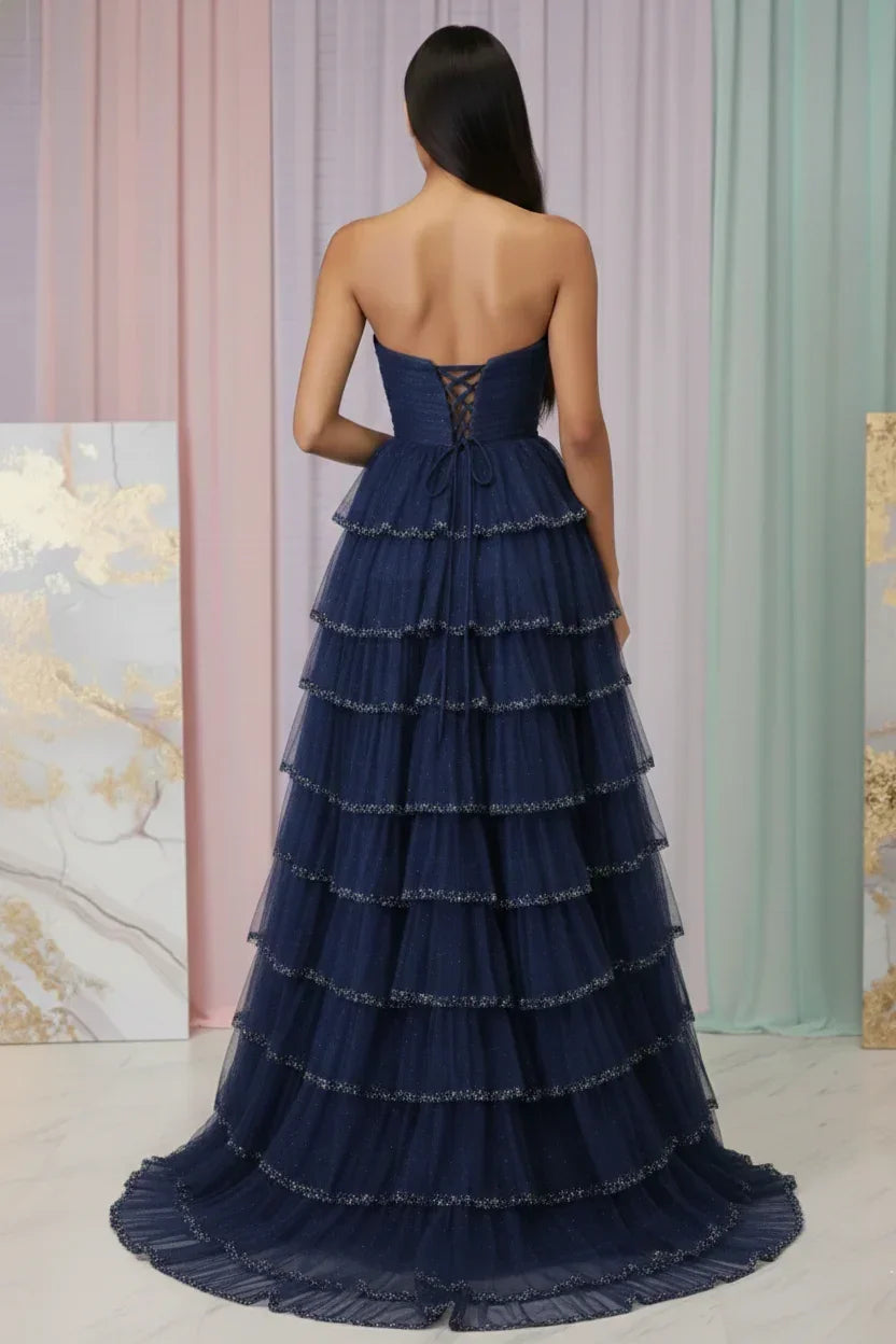 Beaded Trim Straples Tiered Tulle Prom Dress with Slit | Sevoba