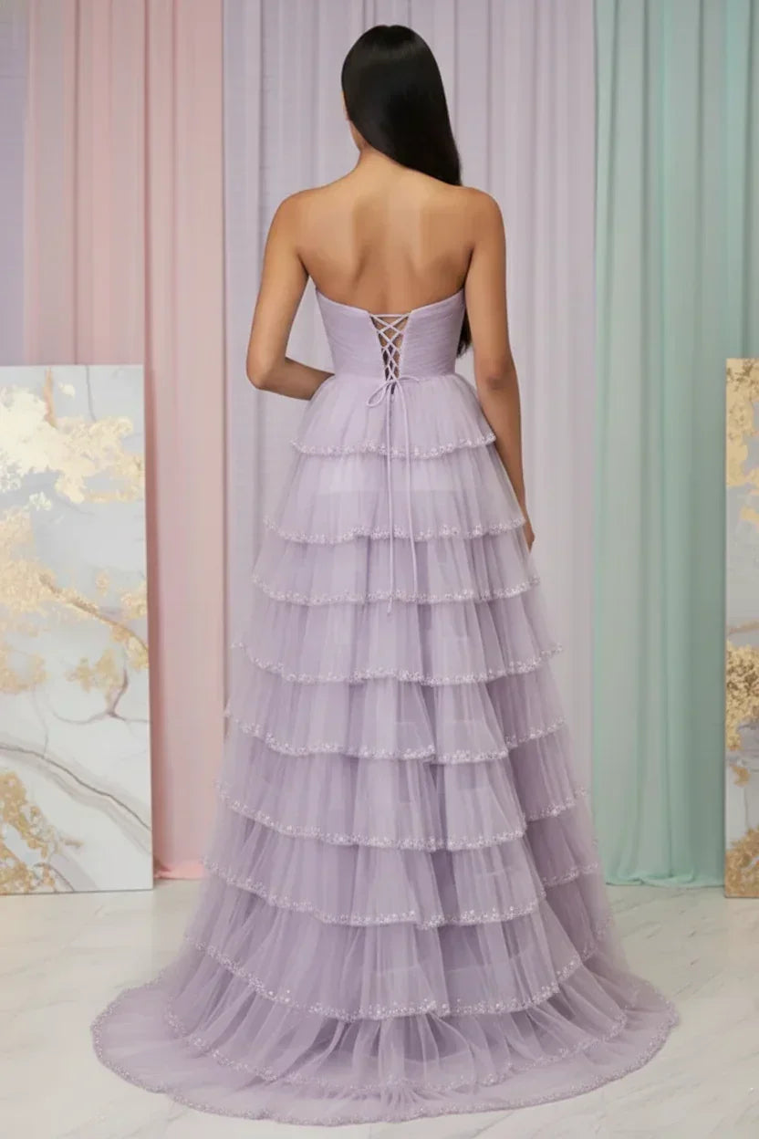 Beaded Trim Straples Tiered Tulle Prom Dress with Slit | Sevoba