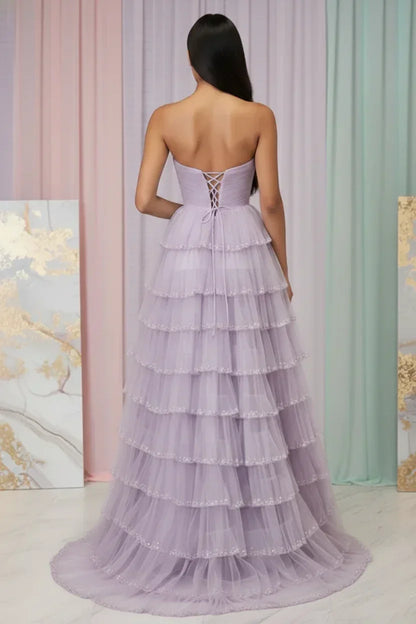 Beaded Trim Straples Tiered Tulle Prom Dress with Slit | Sevoba