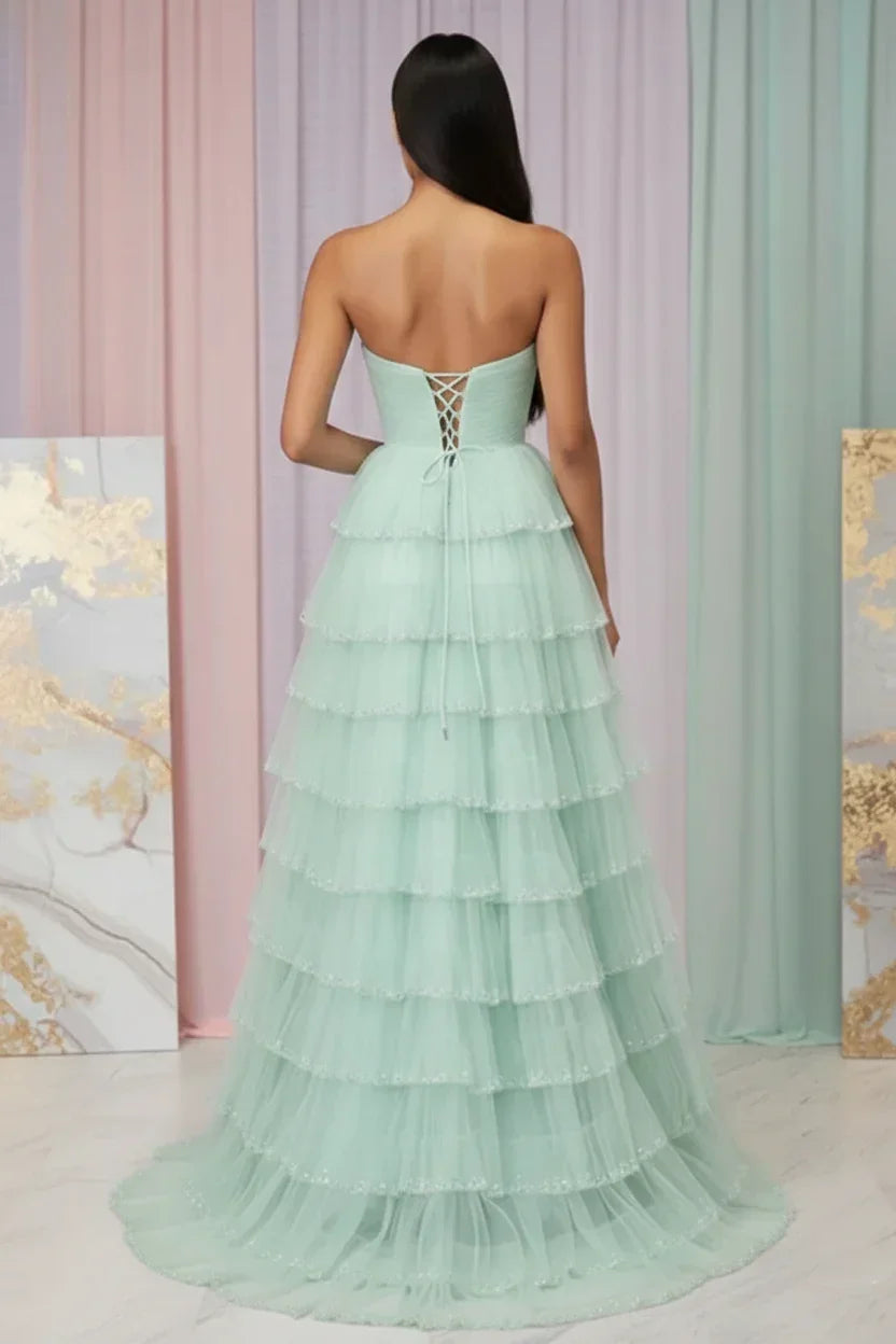 Beaded Trim Straples Tiered Tulle Prom Dress with Slit | Sevoba