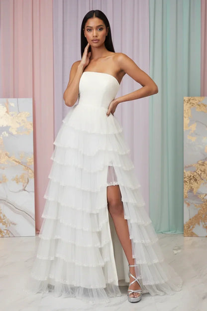 Beaded Trim Straples Tiered Tulle Prom Dress with Slit | Sevoba