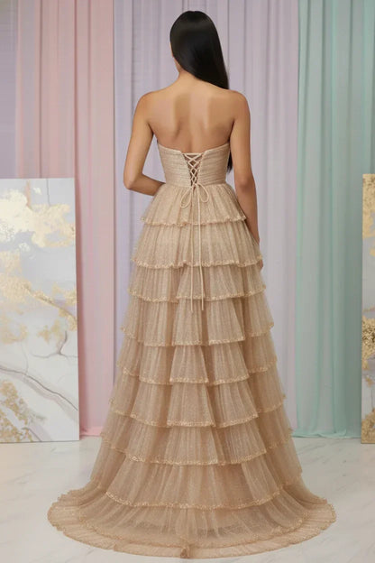 Beaded Trim Straples Tiered Tulle Prom Dress with Slit | Sevoba