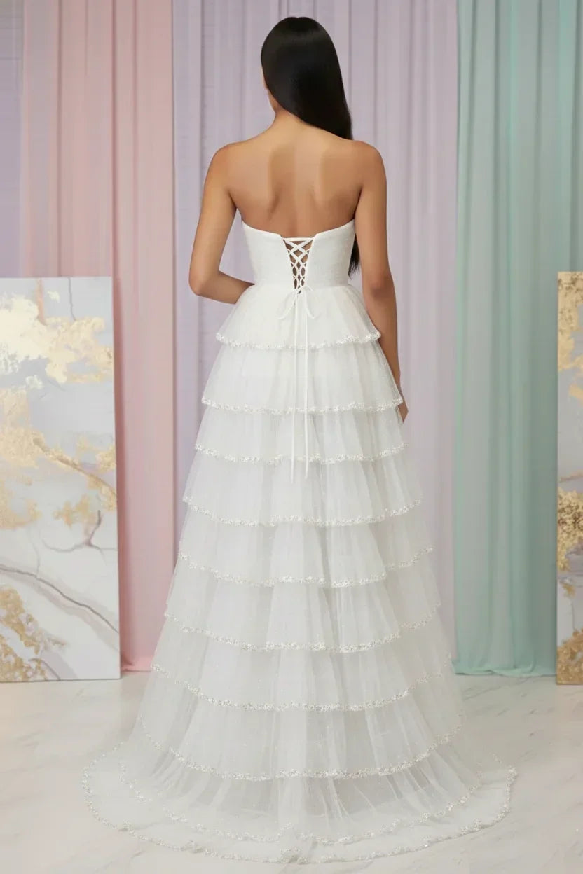 Beaded Trim Straples Tiered Tulle Prom Dress with Slit | Sevoba