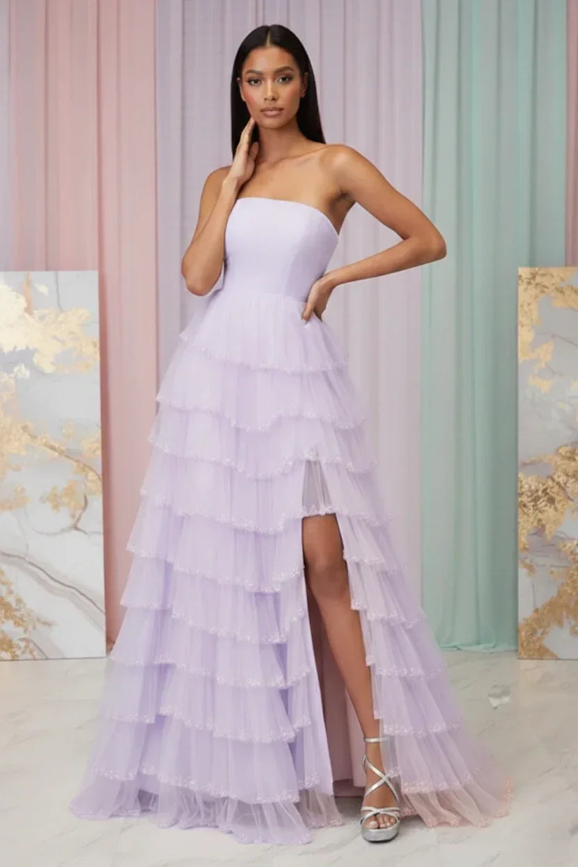 Beaded Trim Straples Tiered Tulle Prom Dress with Slit | Sevoba