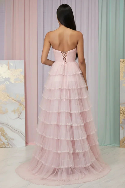 Beaded Trim Straples Tiered Tulle Prom Dress with Slit | Sevoba
