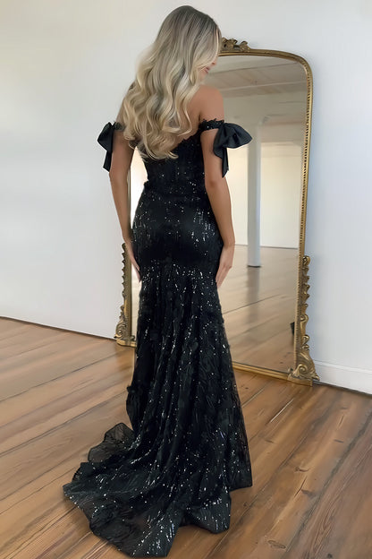 Black Off-Shoulder Sequin Mermaid Prom Dress with Bow Sleeves and Train