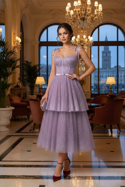 Bow-Strap Corset Tiered Glitter Tulle Prom Dress | Sevoba