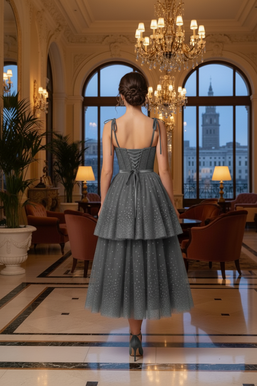 Bow-Strap Corset Tiered Glitter Tulle Prom Dress | Sevoba