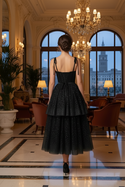 Bow-Strap Corset Tiered Glitter Tulle Prom Dress | Sevoba