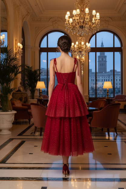Bow-Strap Corset Tiered Glitter Tulle Prom Dress | Sevoba