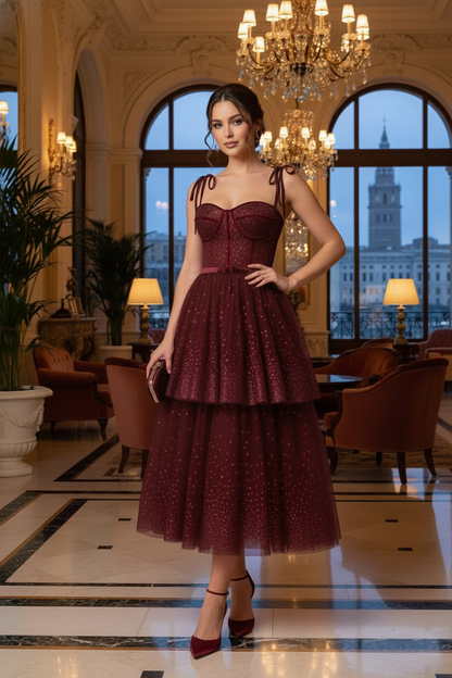Bow-Strap Corset Tiered Glitter Tulle Prom Dress | Sevoba