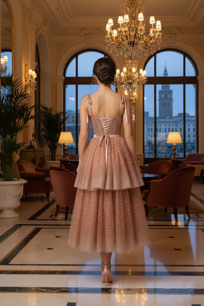 Bow-Strap Corset Tiered Glitter Tulle Prom Dress | Sevoba