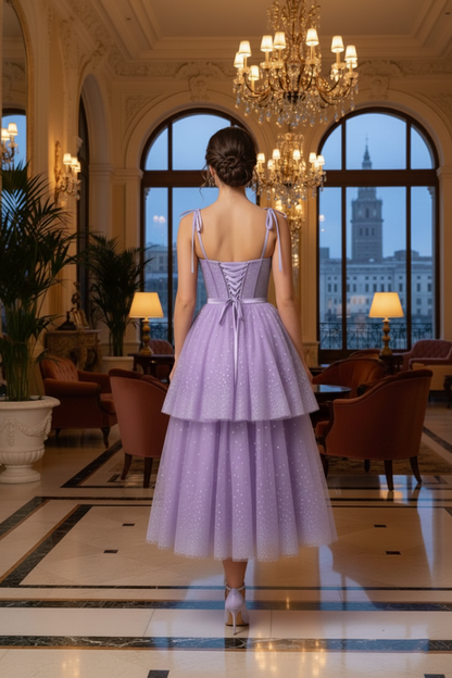 Bow-Strap Corset Tiered Glitter Tulle Prom Dress | Sevoba