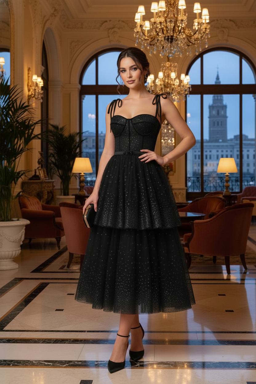 Bow-Strap Corset Tiered Glitter Tulle Prom Dress | Sevoba