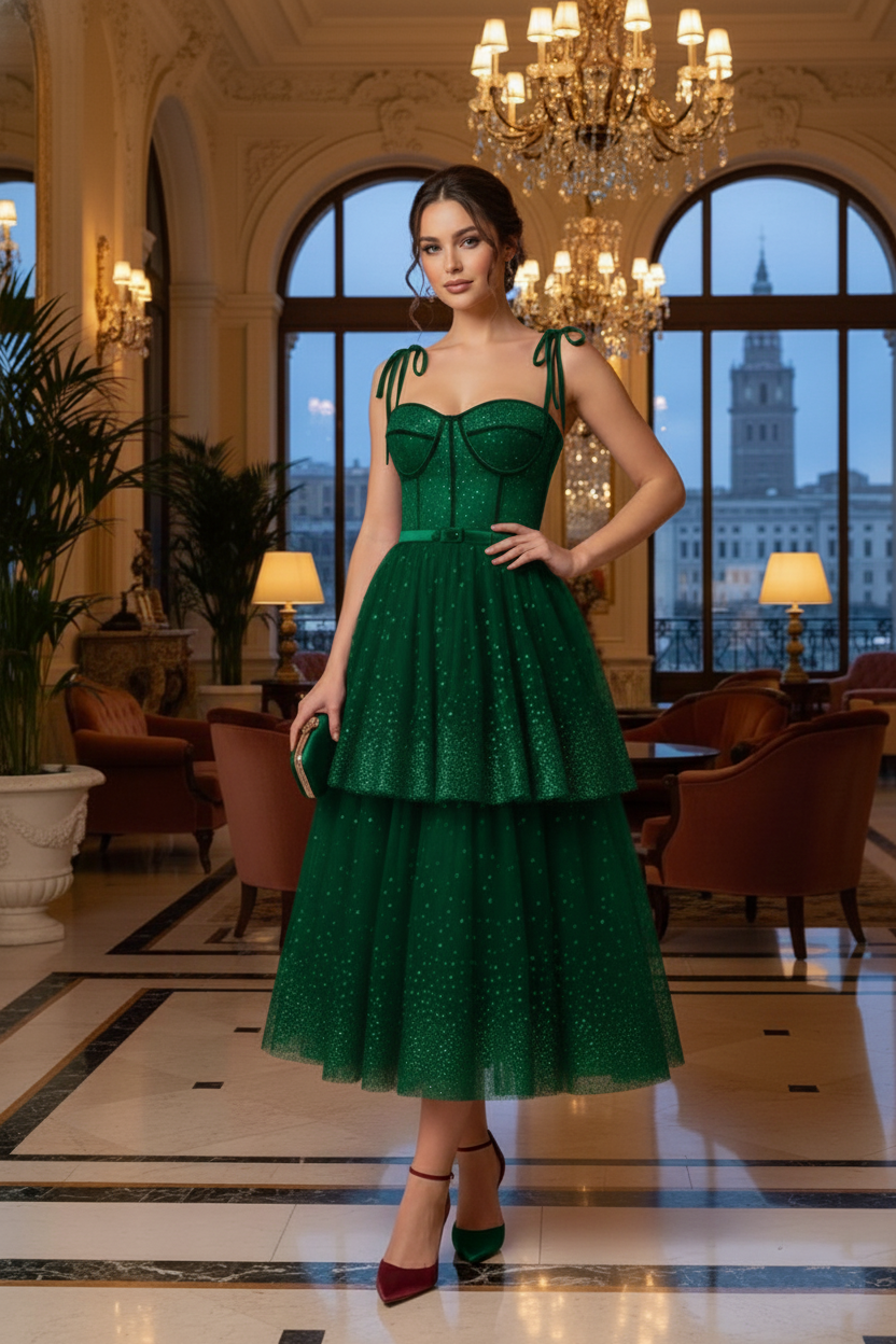 Bow-Strap Corset Tiered Glitter Tulle Prom Dress | Sevoba