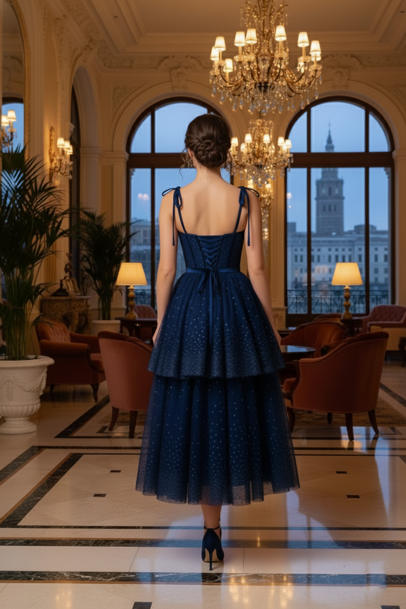 Bow-Strap Corset Tiered Glitter Tulle Prom Dress | Sevoba