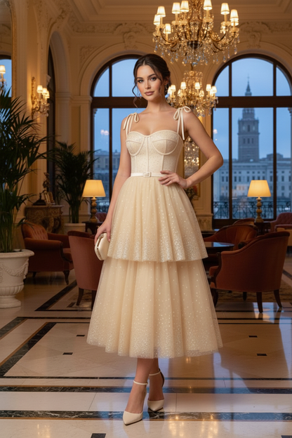Bow-Strap Corset Tiered Glitter Tulle Prom Dress | Sevoba