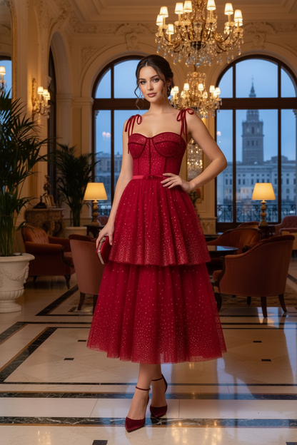 Bow-Strap Corset Tiered Glitter Tulle Prom Dress | Sevoba