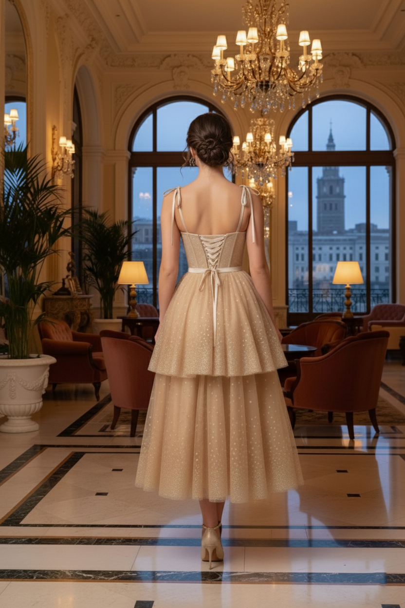 Bow-Strap Corset Tiered Glitter Tulle Prom Dress | Sevoba