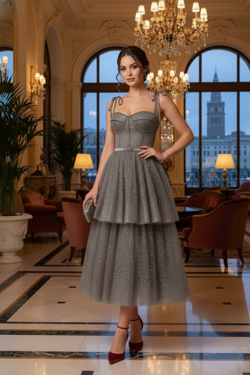 Bow-Strap Corset Tiered Glitter Tulle Prom Dress | Sevoba
